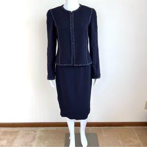 Louis Feraud 100% Silk Black Label Navy Blue Skirt Set Beaded Beads Embroidered